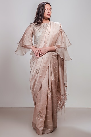 Nude Embroidered Saree Set by Synonym