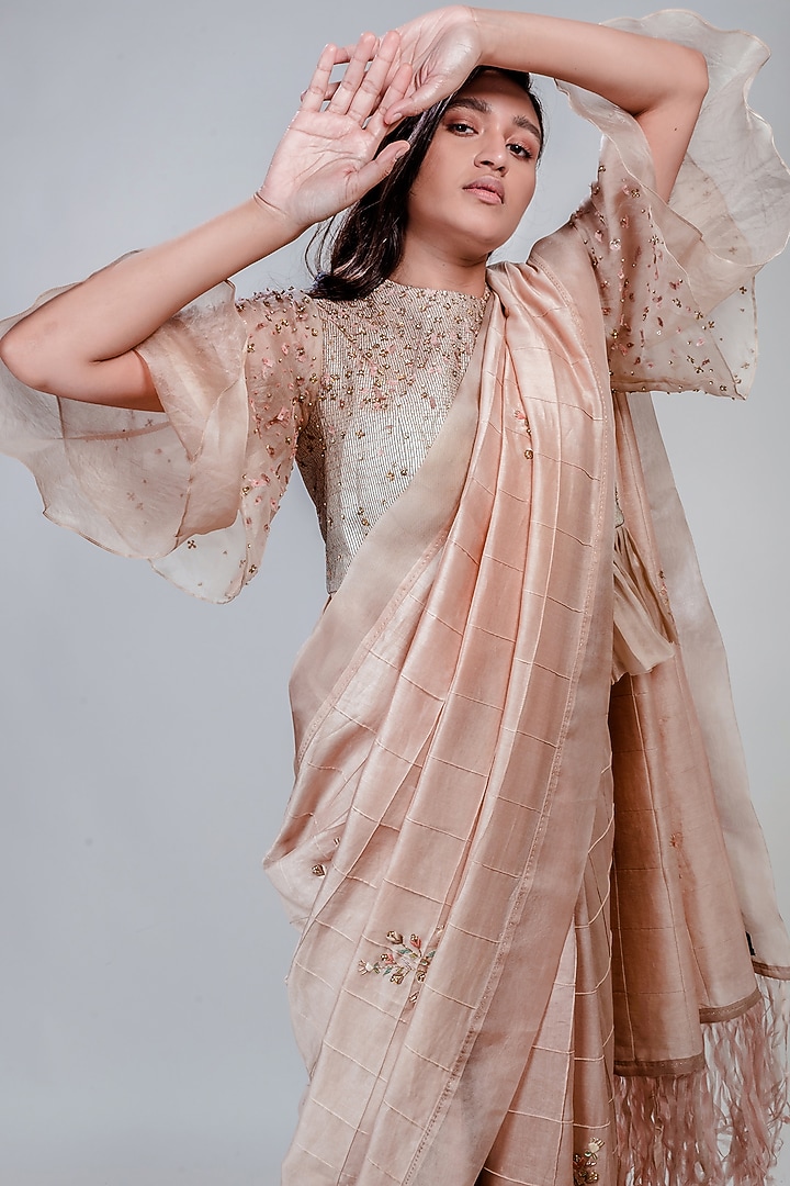 Nude Embroidered Wedding Saree Set by Synonym at Pernia's Pop Up Shop