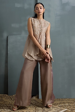 Beige Muga Silk Pant Set by Synonym