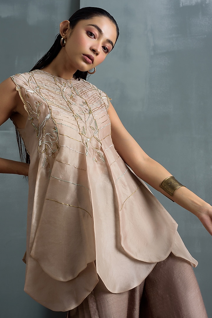 Beige Muga Silk Pant Set by Synonym at Pernia's Pop Up Shop