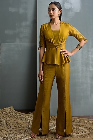 Golden Yellow Muga Silk Pant Set by Synonym