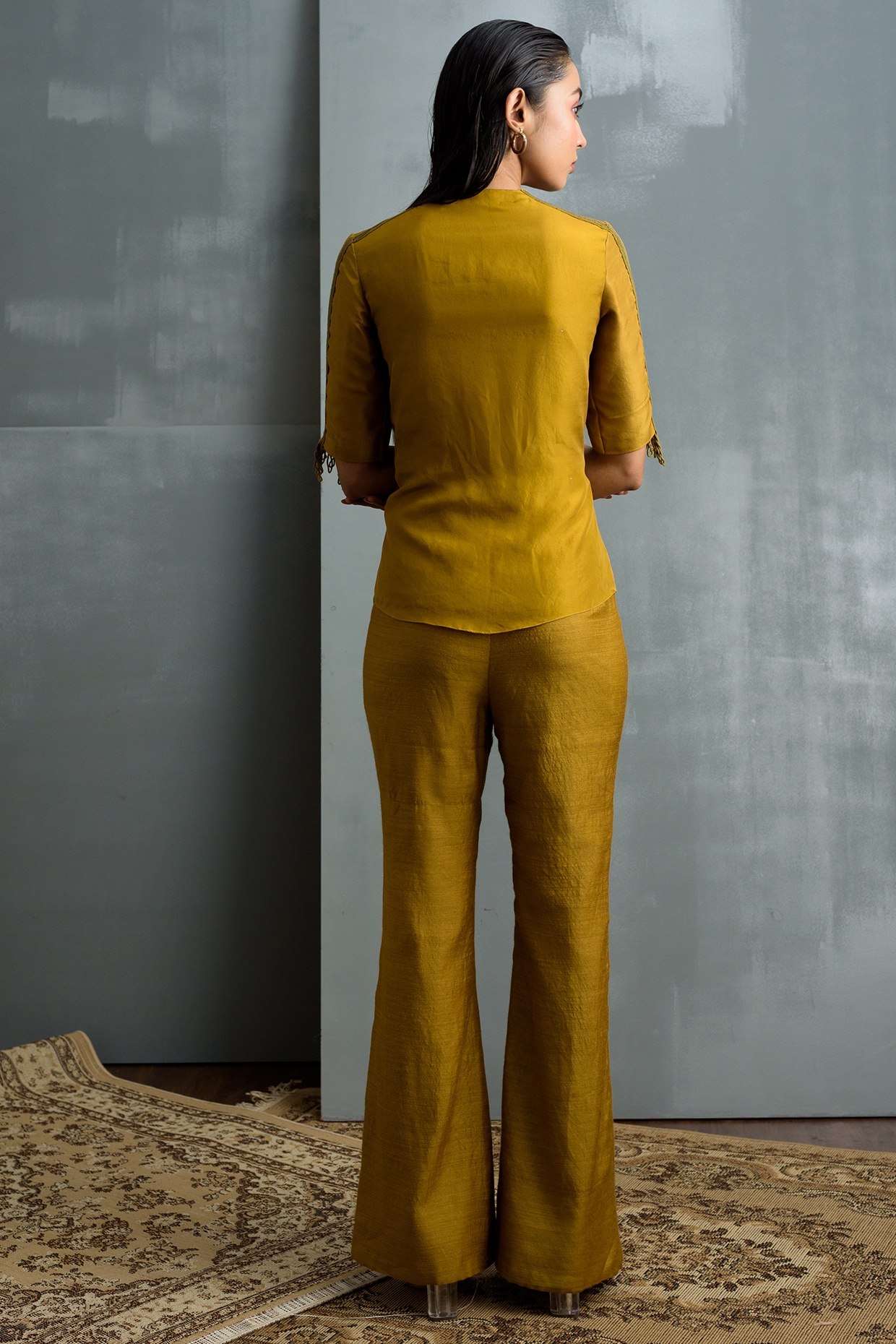 Golden Yellow Muga Silk Pant Set Design by Synonym at Pernia's Pop Up Shop  2024