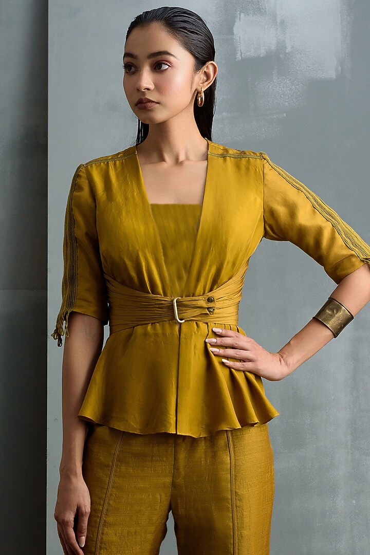 Golden Yellow Muga Silk Pant Set by Synonym at Pernia's Pop Up Shop