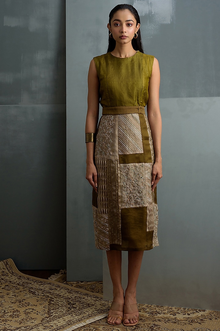 Olive Green Embroidered Dress by Synonym