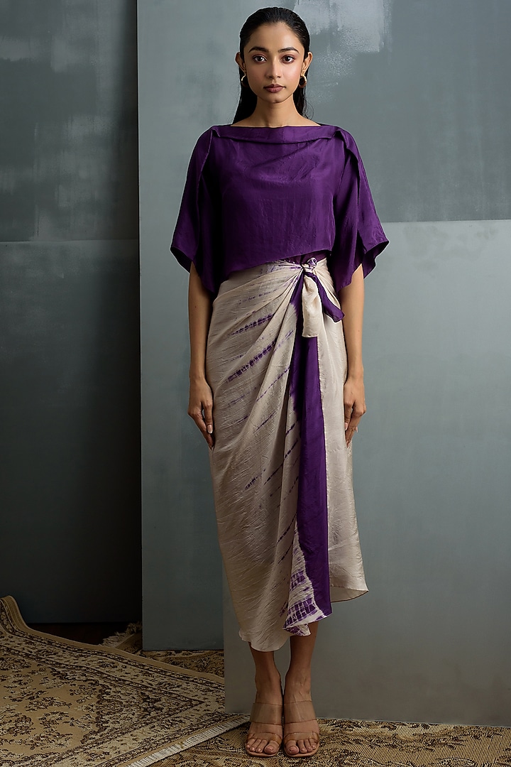 Royal Purple & Cream Habutai Silk Dress by Synonym