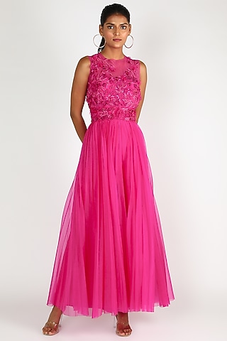 Fuchsia Embroidered Pre-Pleated Jumpsuit by SHRIYA SOM