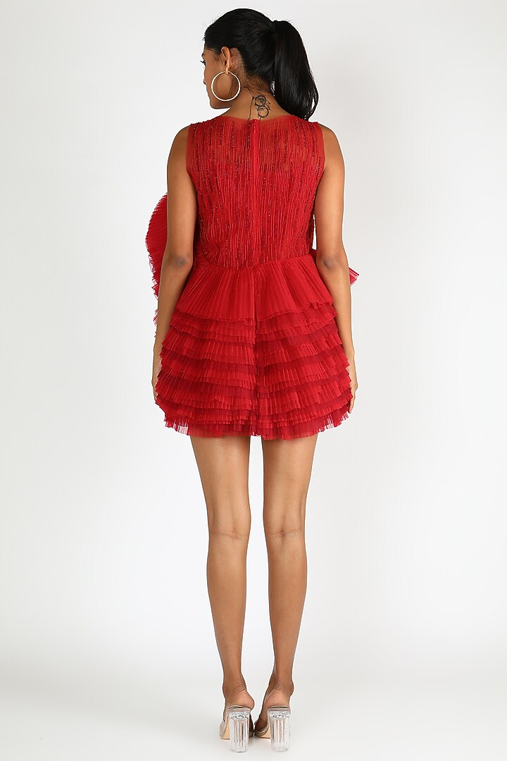 Red 3D Floral Party Wear Dress by SHRIYA SOM at Pernia's Pop Up Shop