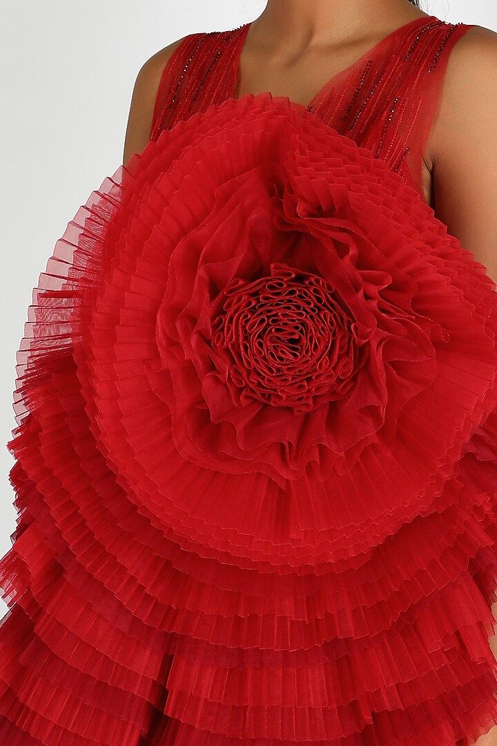 Red 3D Floral Party Wear Dress by SHRIYA SOM at Pernia's Pop Up Shop