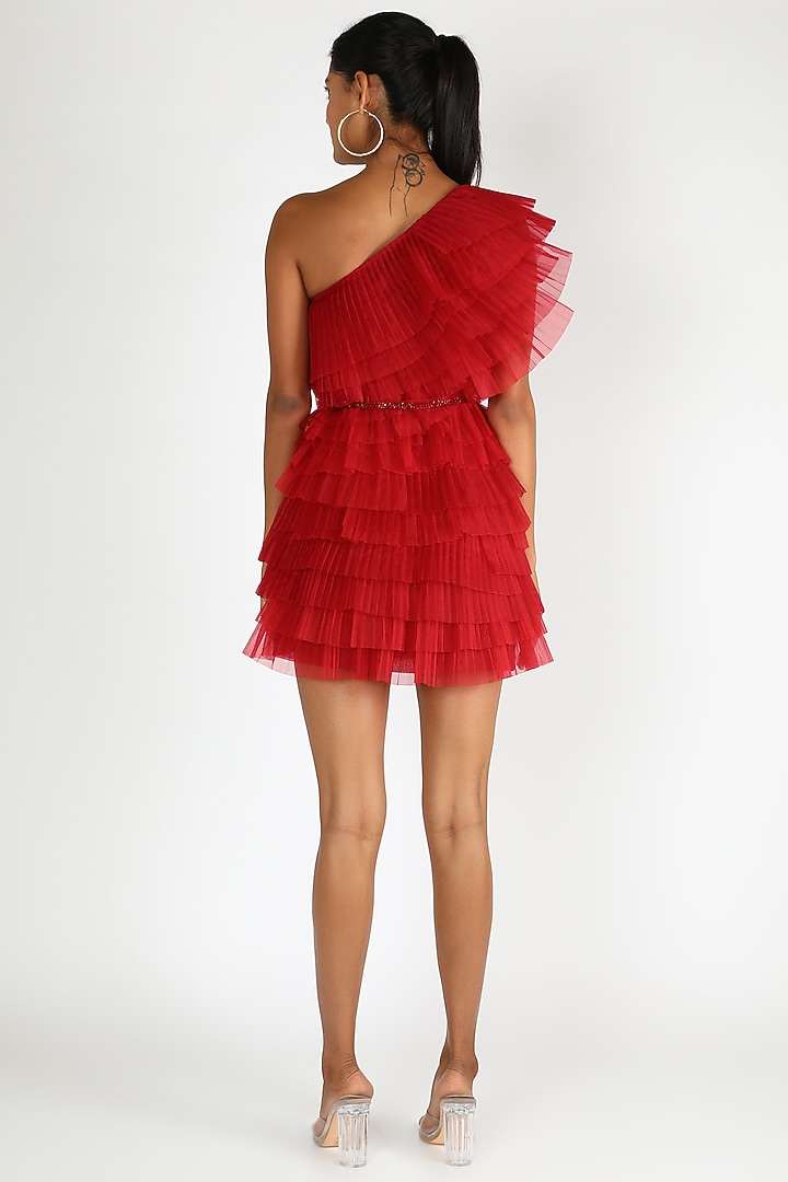 Red Ruffle Cocktail Dress With Belt by SHRIYA SOM at Pernia's Pop Up Shop