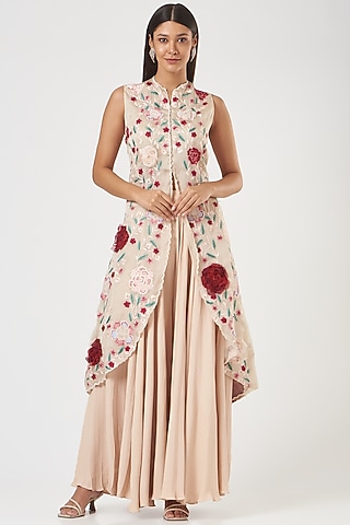 Beige Embroidered Sparrow-Tail Long Jacket Set by SHRIYA SOM