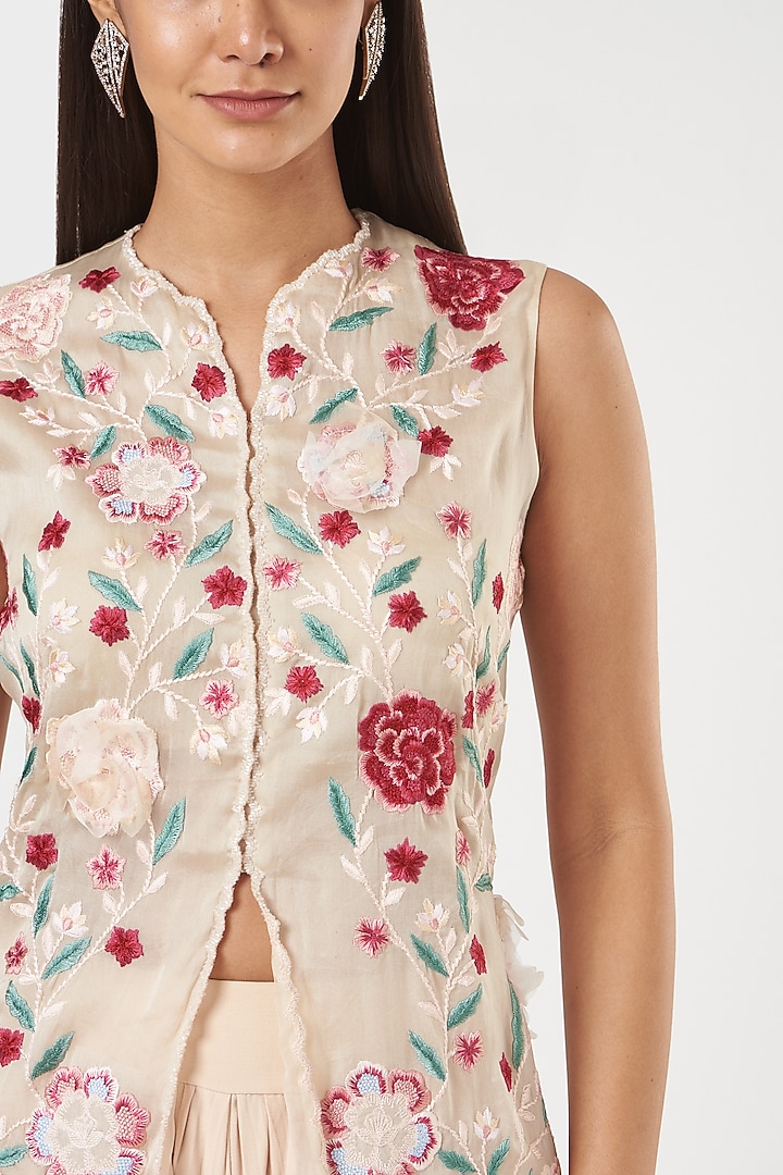Beige Embroidered Sparrow-Tail Long Jacket Set by SHRIYA SOM at Pernia's Pop Up Shop