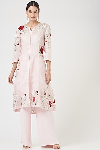 Blush Pink Embroidered Long Jacket Set by SHRIYA SOM
