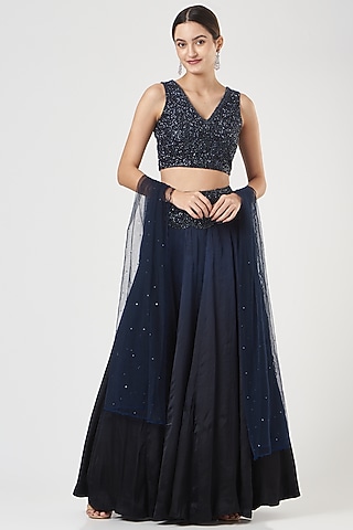 Dark Navy Blue Ombre Organza Skirt Set by SHRIYA SOM