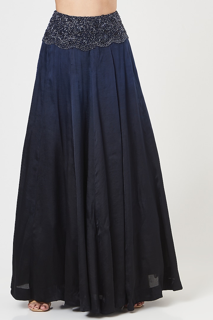 Dark Navy Blue Ombre Organza Skirt Set by SHRIYA SOM at Pernia's Pop Up Shop