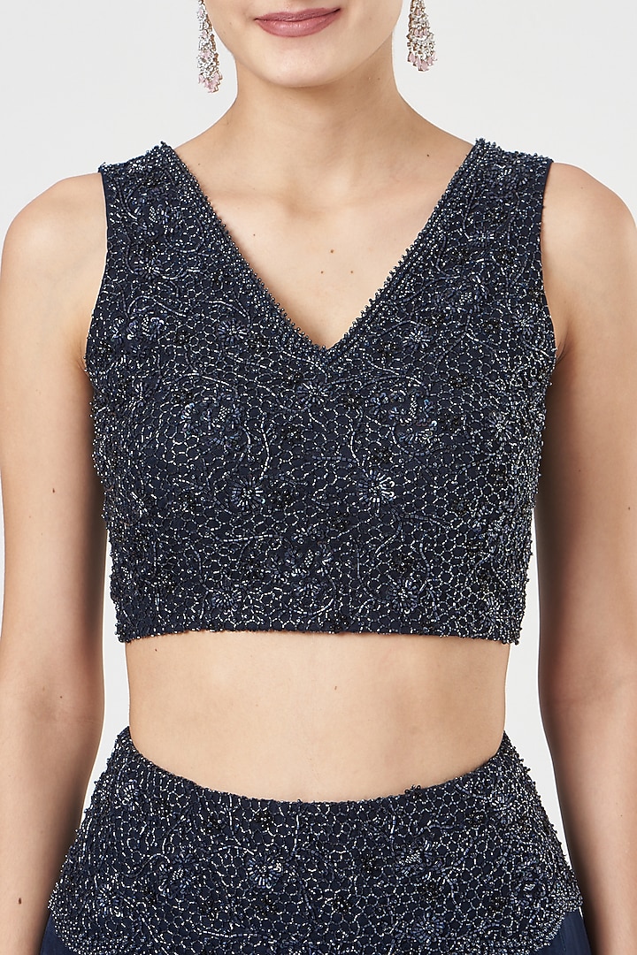 Dark Navy Blue Ombre Organza Skirt Set by SHRIYA SOM at Pernia's Pop Up Shop