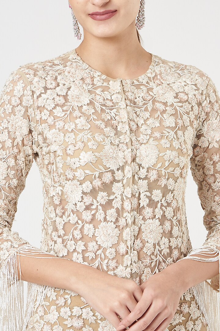 White Tulle Embroidered Jacket Party Wear Dress by SHRIYA SOM at Pernia's Pop Up Shop