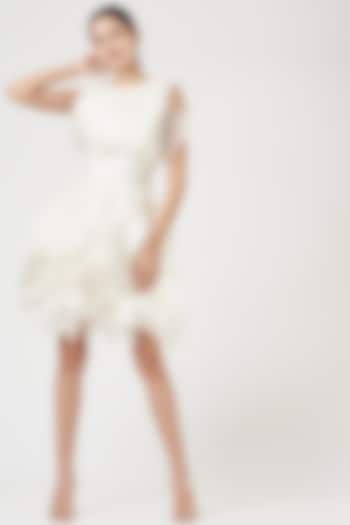 White Organza Ruffled Dress With Floral Belt by SHRIYA SOM