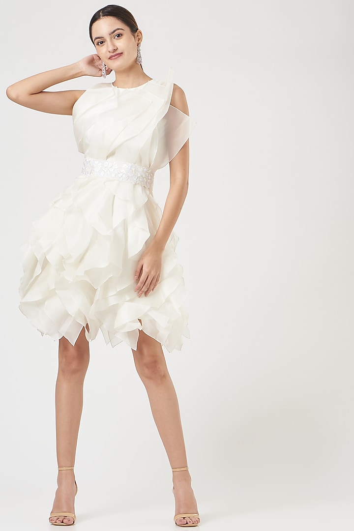 White Organza Ruffled Dress With Floral Belt by SHRIYA SOM