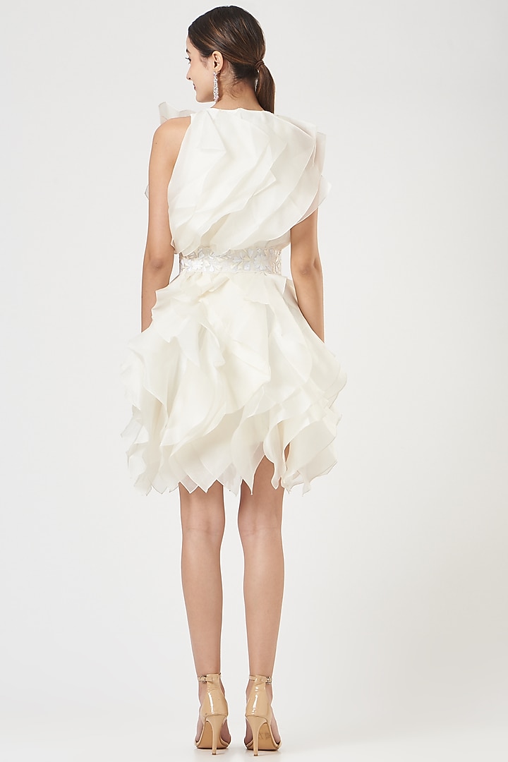 White Organza Ruffled Cocktail Dress With Floral Belt by SHRIYA SOM at Pernia's Pop Up Shop