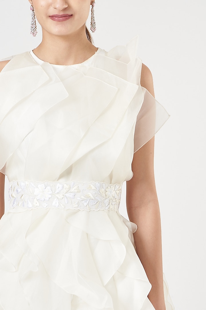 White Organza Ruffled Cocktail Dress With Floral Belt by SHRIYA SOM at Pernia's Pop Up Shop