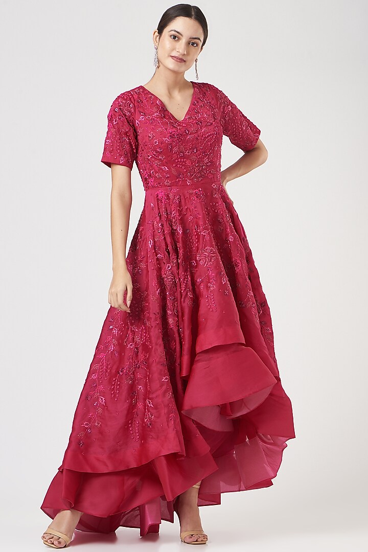 Fuchsia Embroidered Cascading Gown by SHRIYA SOM