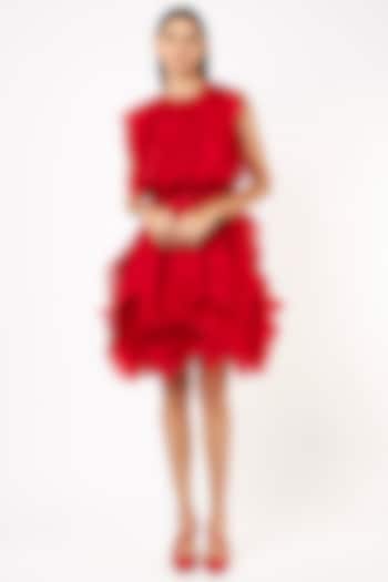 Red Organza Mini Ruffled Dress by SHRIYA SOM