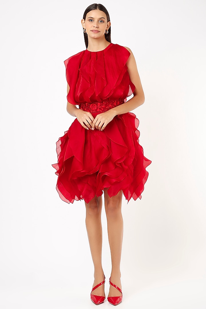 Red Organza Mini Ruffled Dress by SHRIYA SOM