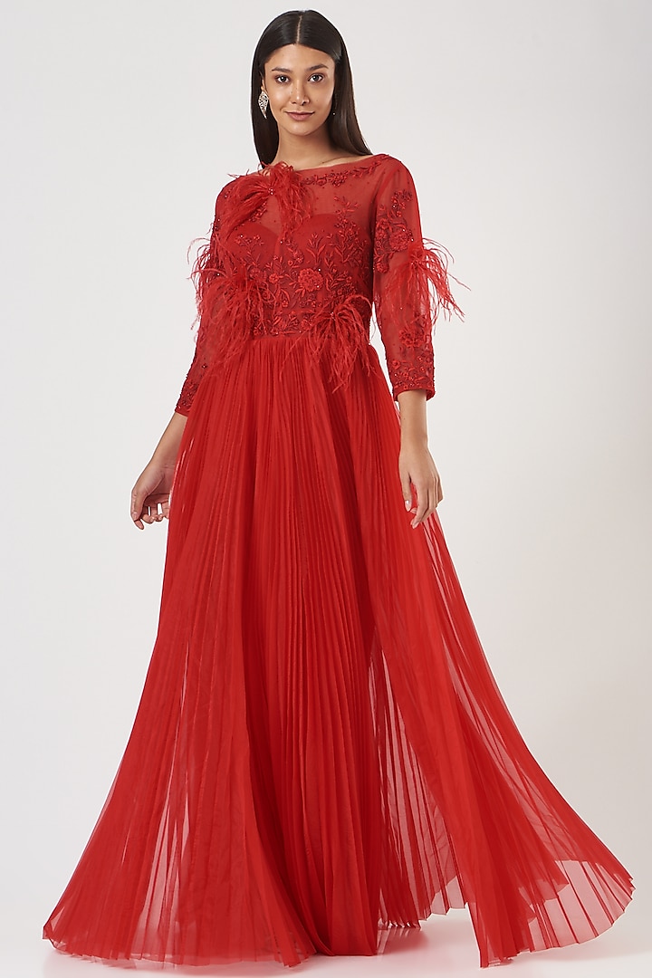 Cadmium Red Embroidered Pleated Dress by SHRIYA SOM