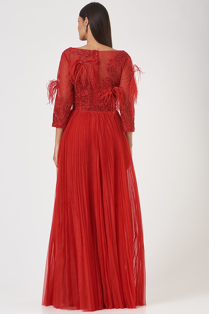 Cadmium Red Embroidered Pleated Party Wear Dress by SHRIYA SOM at Pernia's Pop Up Shop