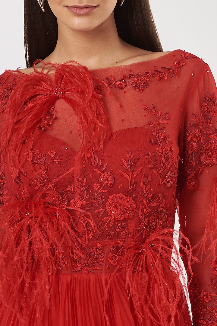 Cadmium Red Embroidered Pleated Party Wear Dress by SHRIYA SOM at Pernia's Pop Up Shop