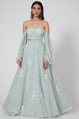 Mint Green Crochet Off Shoulder Corset Top by SHRIYA SOM