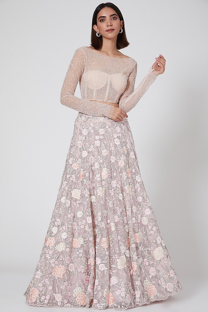 Blush Pink Floral Embroidered Skirt by SHRIYA SOM at Pernia's Pop Up Shop
