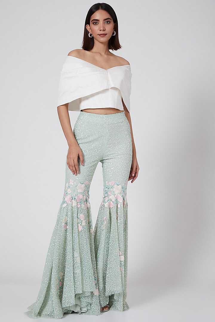 Mint Green Embroidered Flared Pants by SHRIYA SOM