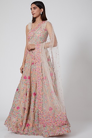 Beige Diamond Floral Embroidered Skirt by SHRIYA SOM