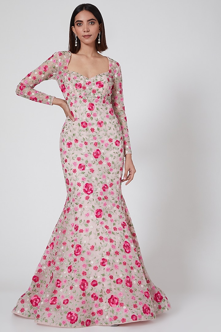 Light Pink Floral Embroidered Fishtail Gown by SHRIYA SOM