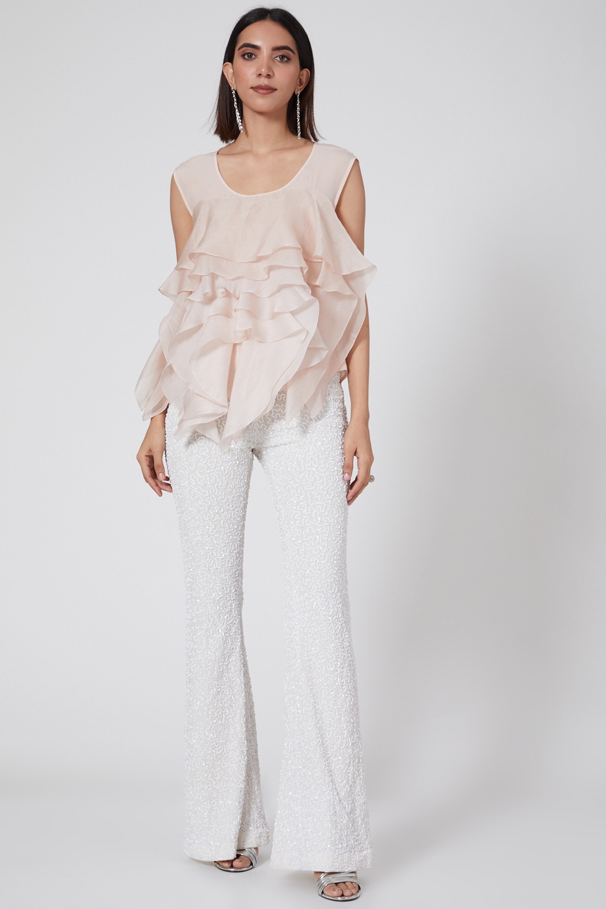 White Tulle Bell Bottom Pant Design by 