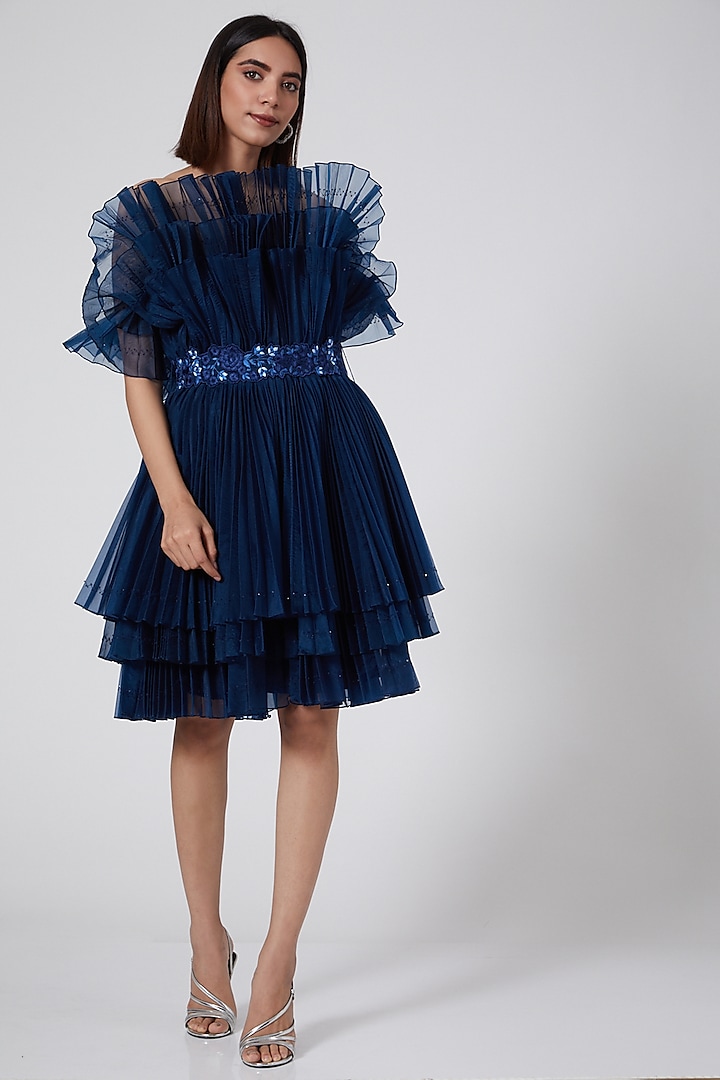 Navy Blue Ruffled Cabbage Party Wear Dress by SHRIYA SOM at Pernia's Pop Up Shop
