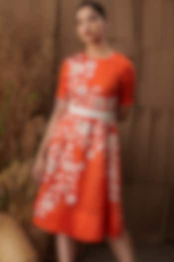 Orange Floral Embroidered Dress With Belt by SHRIYA SOM