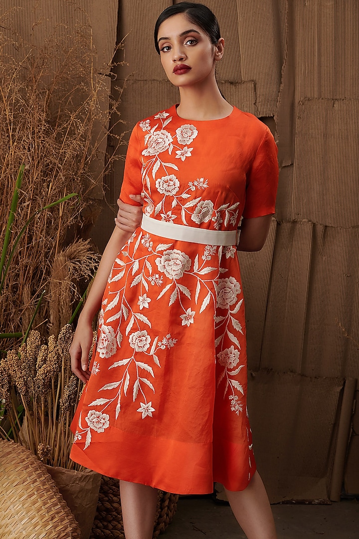 Orange Floral Embroidered Dress With Belt by SHRIYA SOM