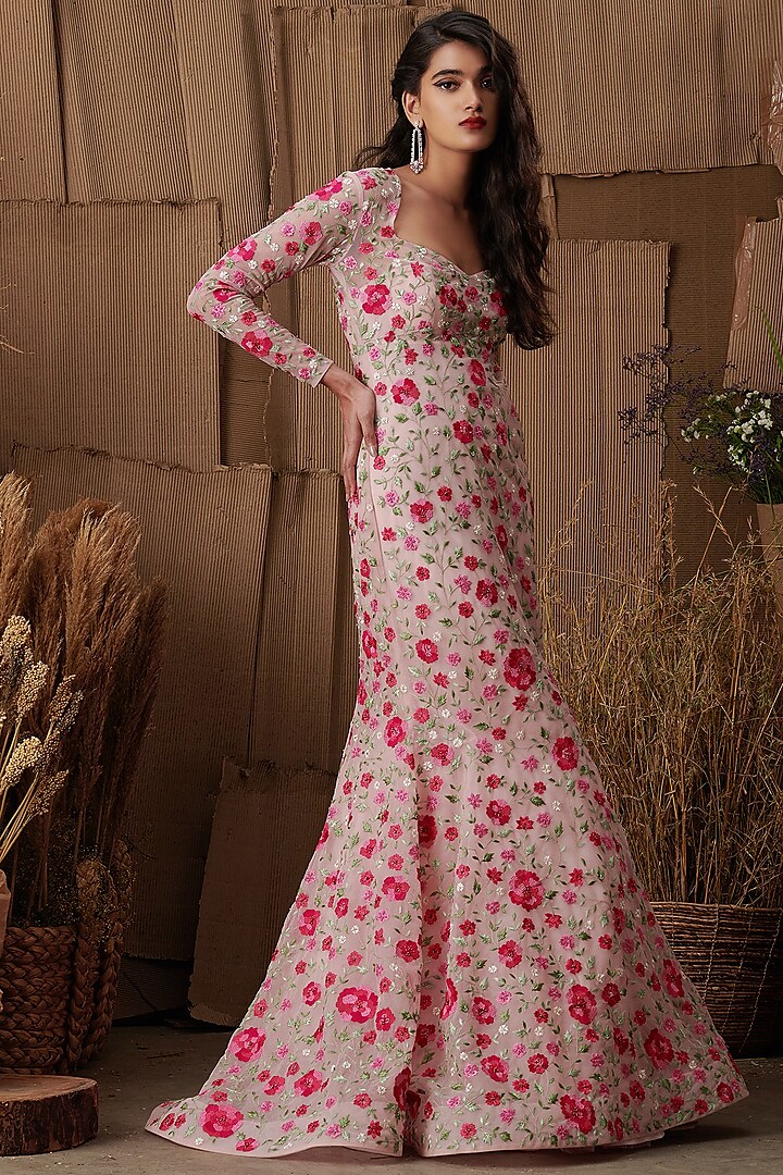Blush Pink Embroidered Fishtail Gown by SHRIYA SOM
