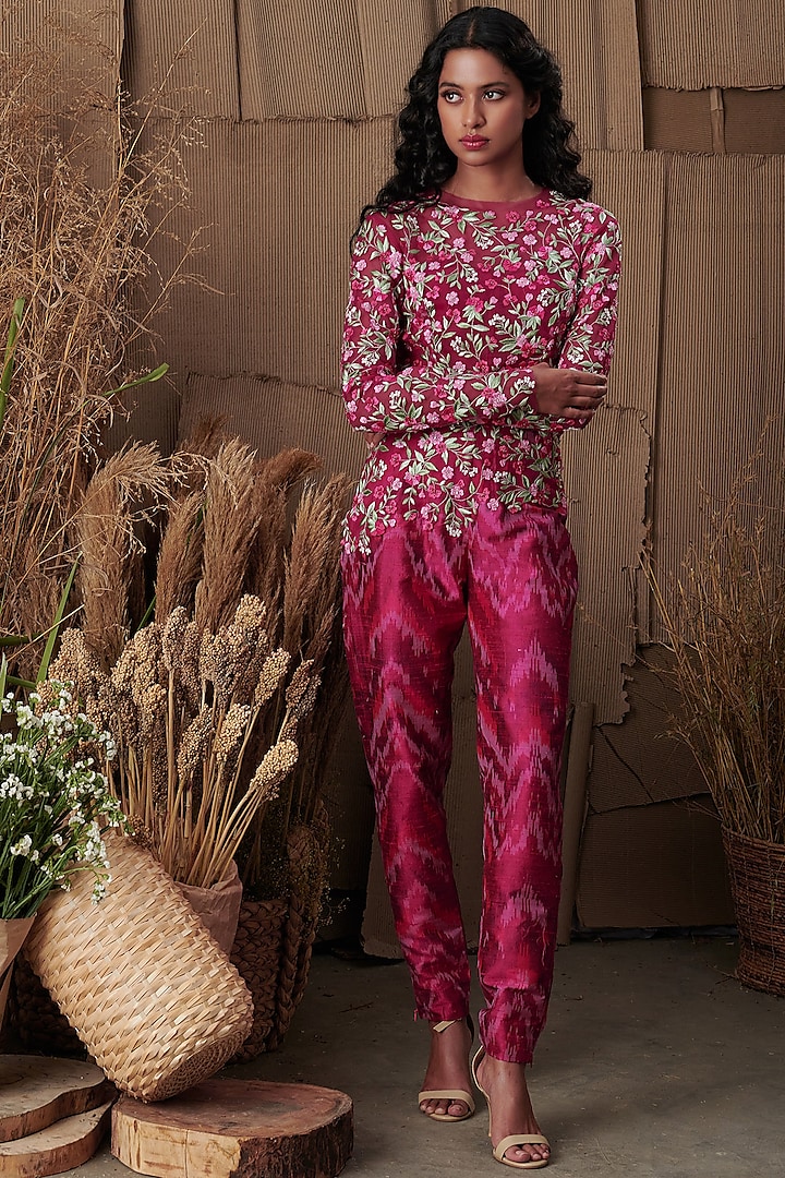 Fuchsia Floral Embroidered Jumpsuit by SHRIYA SOM