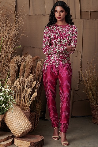 Fuchsia Floral Embroidered Jumpsuit by SHRIYA SOM