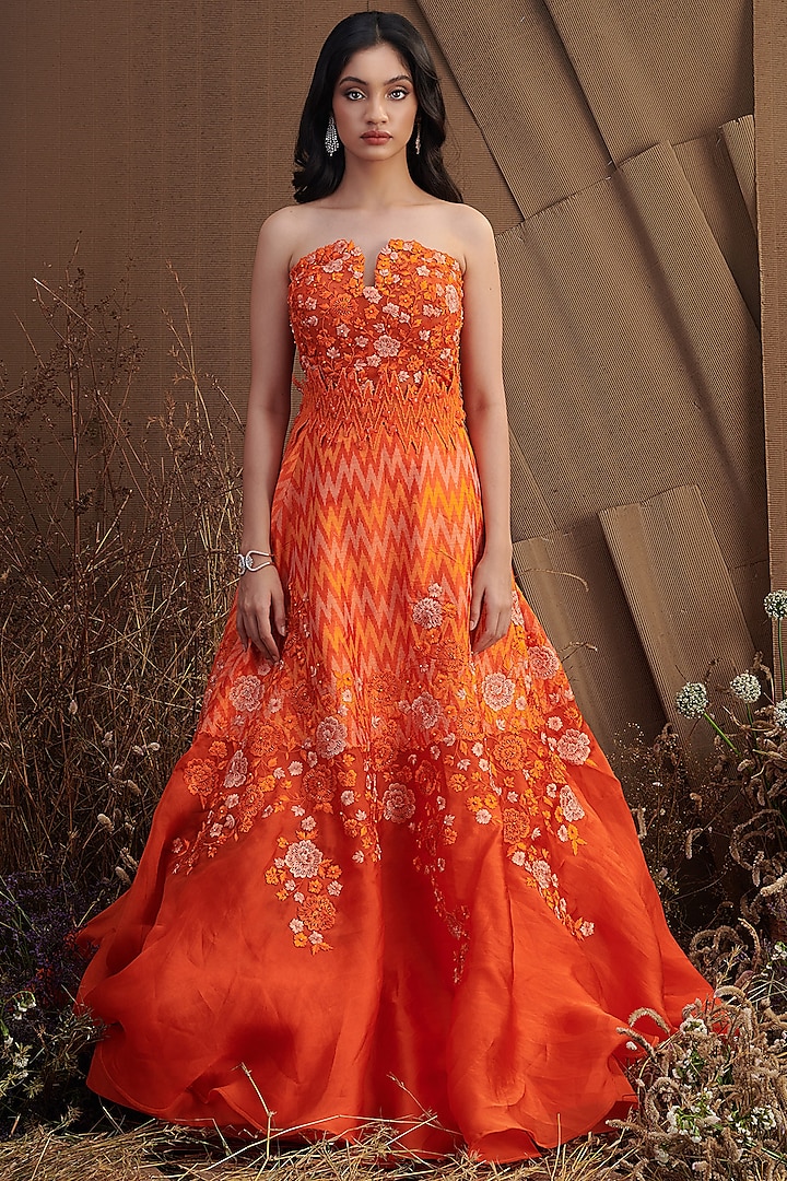 Orange Floral Embroidered Skirt Set by SHRIYA SOM