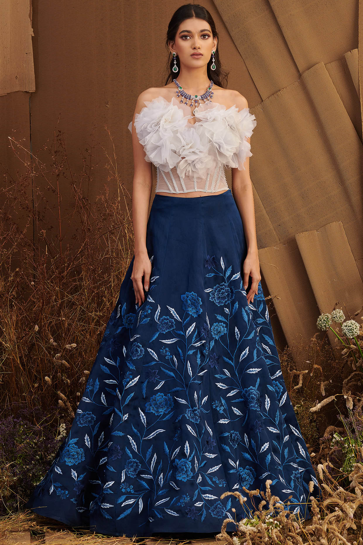 Navy Blue Floral Embroidered Skirt Set by SHRIYA SOM at Pernia s Pop Up Shop