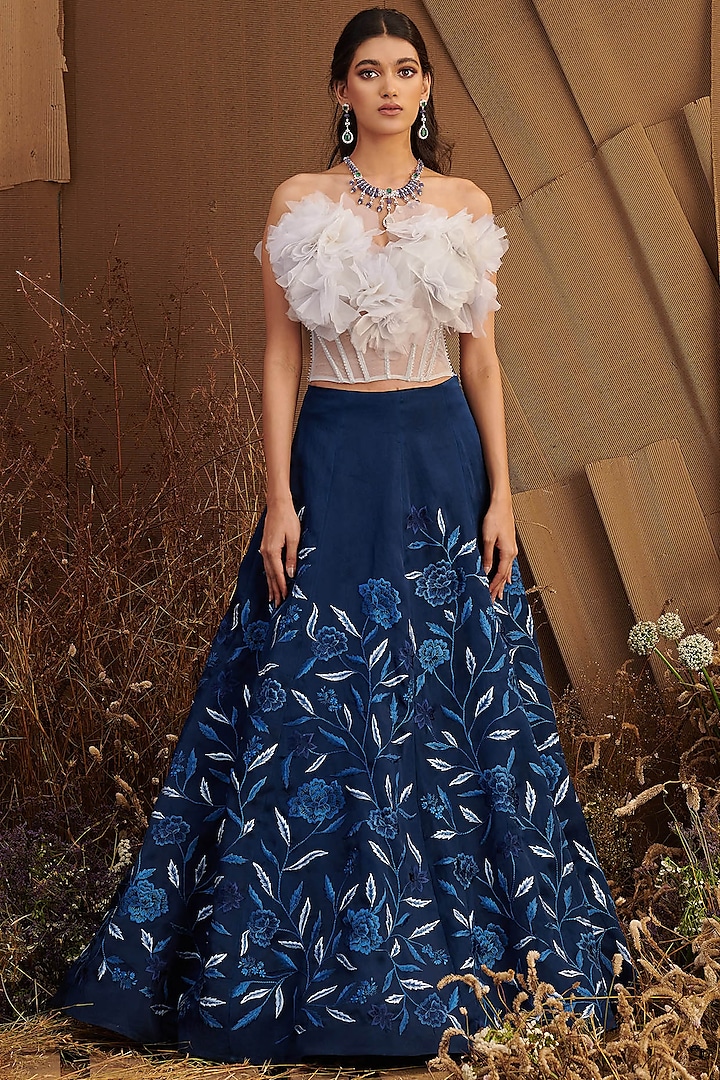 Navy Blue Floral Embroidered Skirt Set by SHRIYA SOM