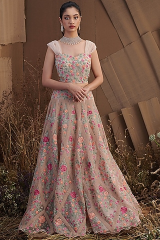 Beige Diamond Embroidered Skirt Set by SHRIYA SOM