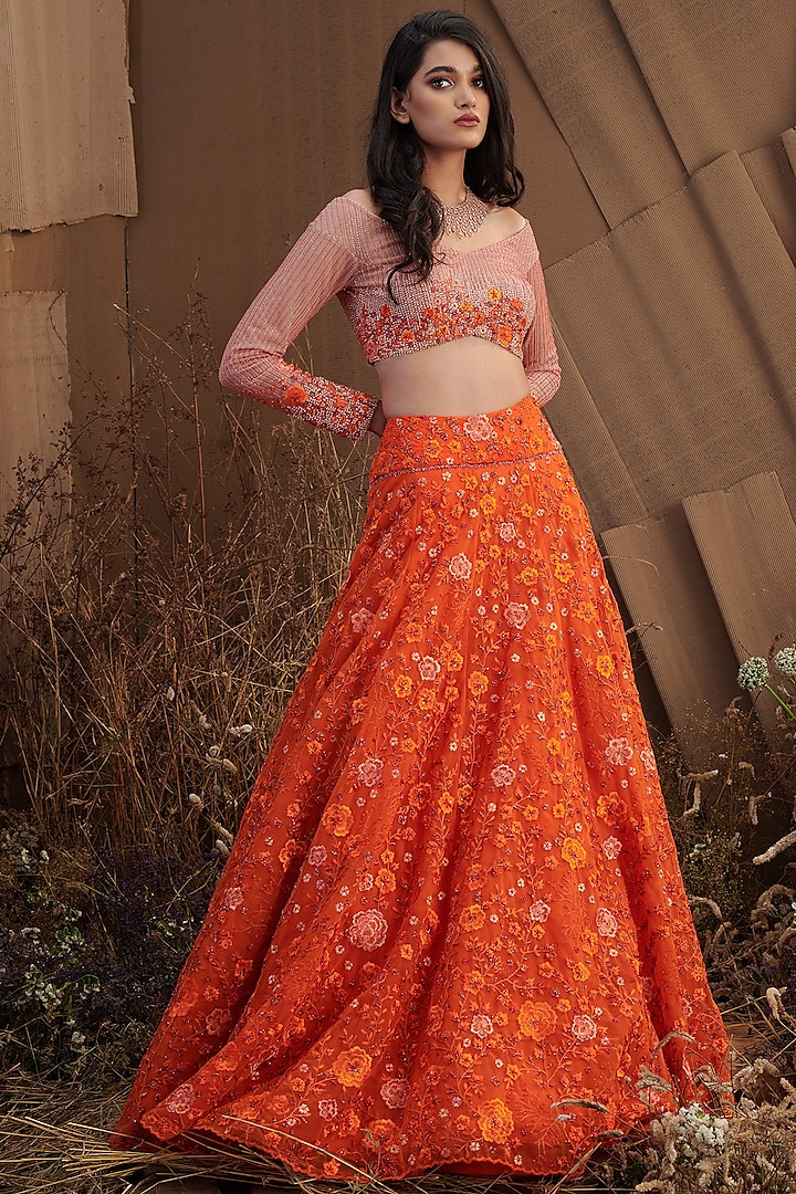Orange Floral Embroidered Skirt Set by SHRIYA SOM