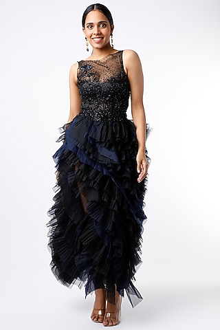 Black & Blue Floral Embroidered Midi Dress by SHRIYA SOM