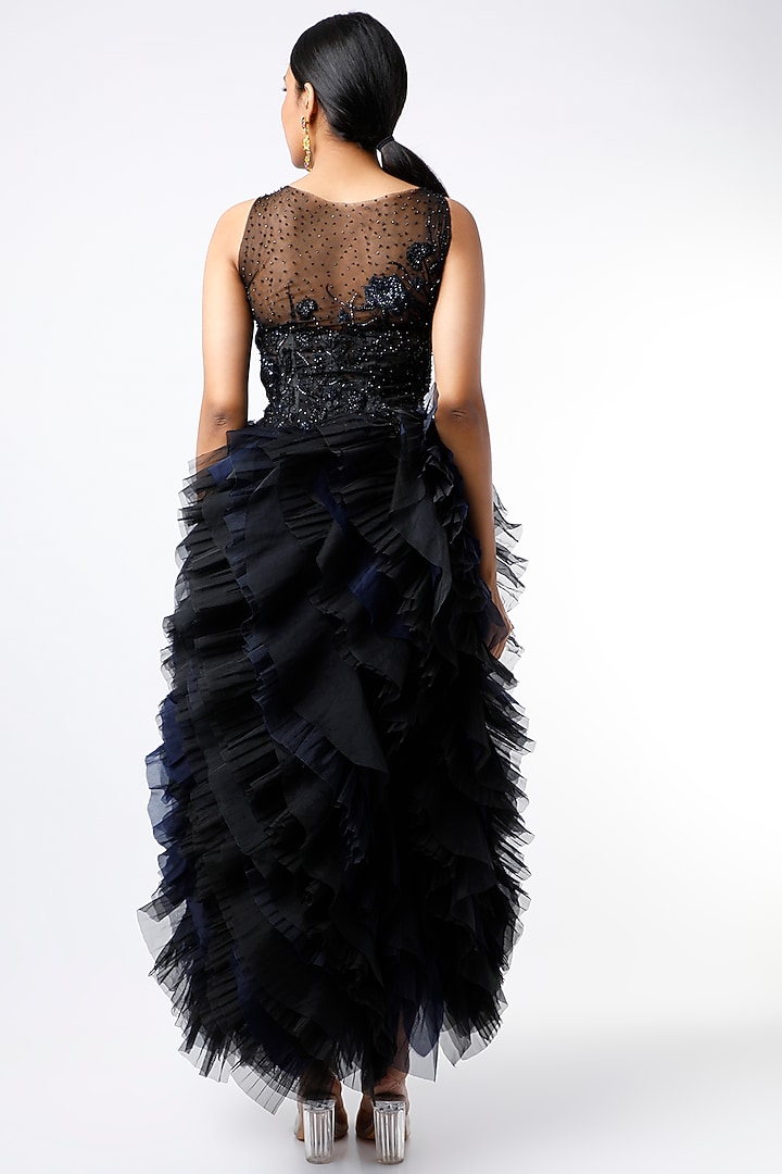 Black & Blue Floral Embroidered Midi Party Wear Dress by SHRIYA SOM at Pernia's Pop Up Shop