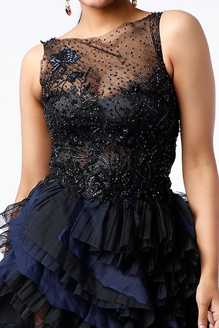 Black & Blue Floral Embroidered Midi Party Wear Dress by SHRIYA SOM at Pernia's Pop Up Shop